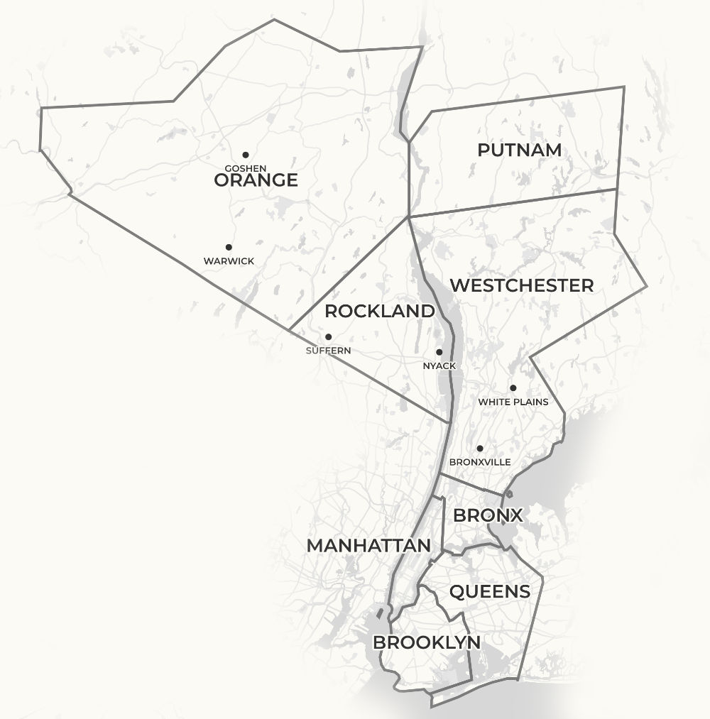 A gray map with Stonehaven's service area, including Orange, Rockland, Putnam, Westchester counties and Manhattan, Bronx, Queens, and Brookly boroughs of NYC.